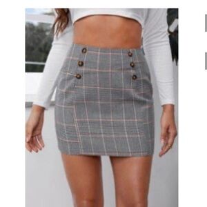 SHEIN Gray Plaid Pencil Skirt with Button Accents